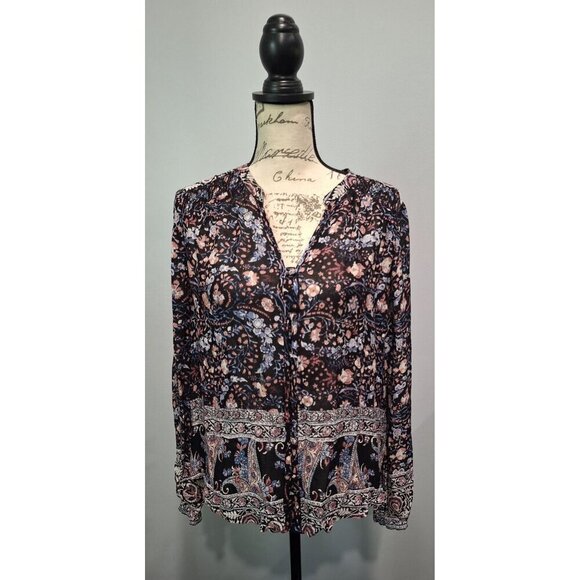 EUC Lucky Brand Black & Pink Floral Boho Long Sleeve Blouse/Sz. S - Picture 1 of 7
